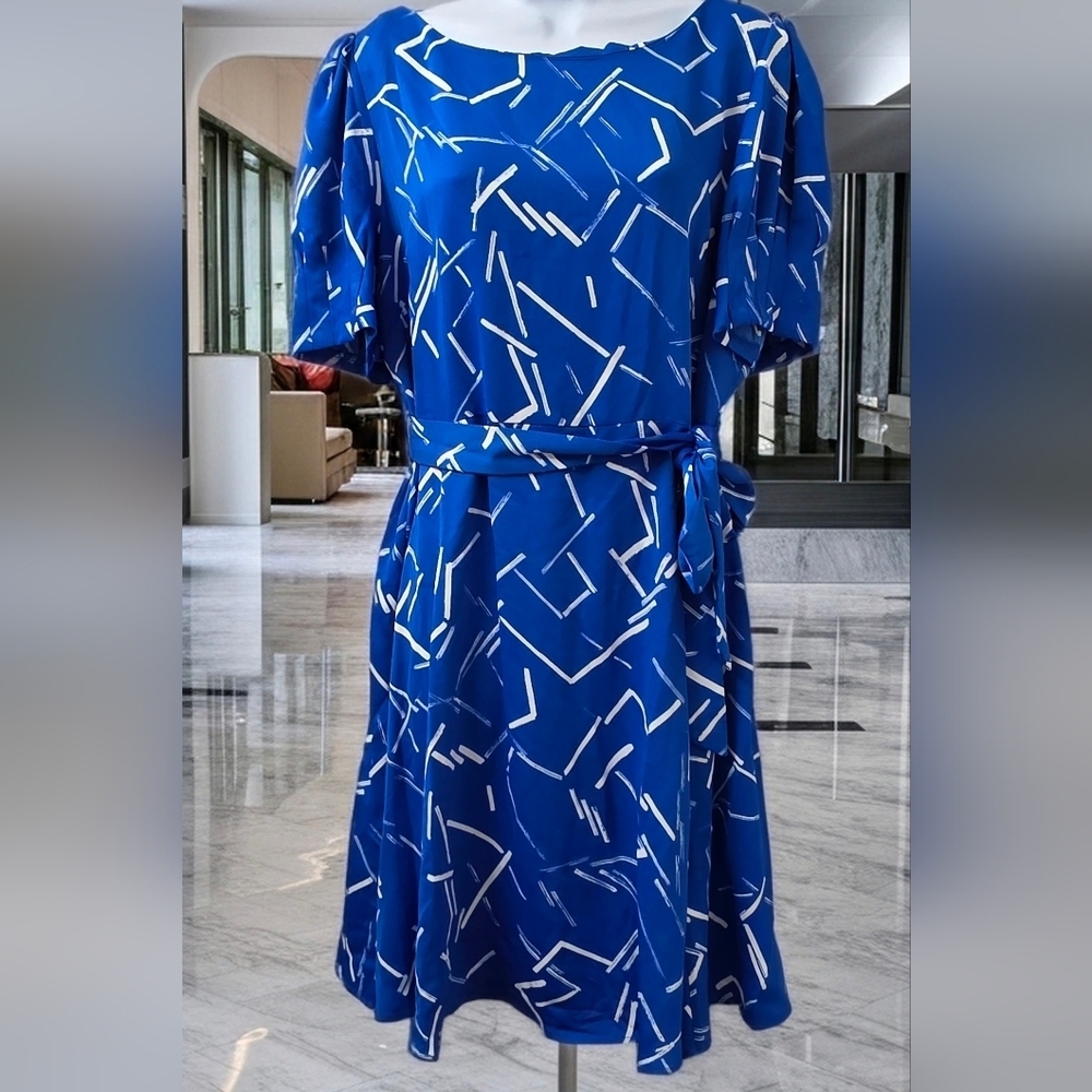 559. DKNY Blue White Abstract Twig Print Puff Sleeve Tie Waist Fit & Flare Dress
